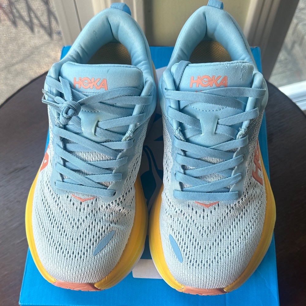 Hoka Sky Blue and Vibrant Yellow Sneakers Bondi 8